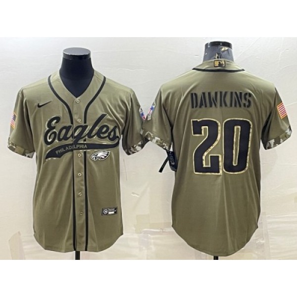 Men's Philadelphia Eagles #20 Brian Dawkins Olive 2022 Salute To Service Cool Base Stitched Baseball Jersey