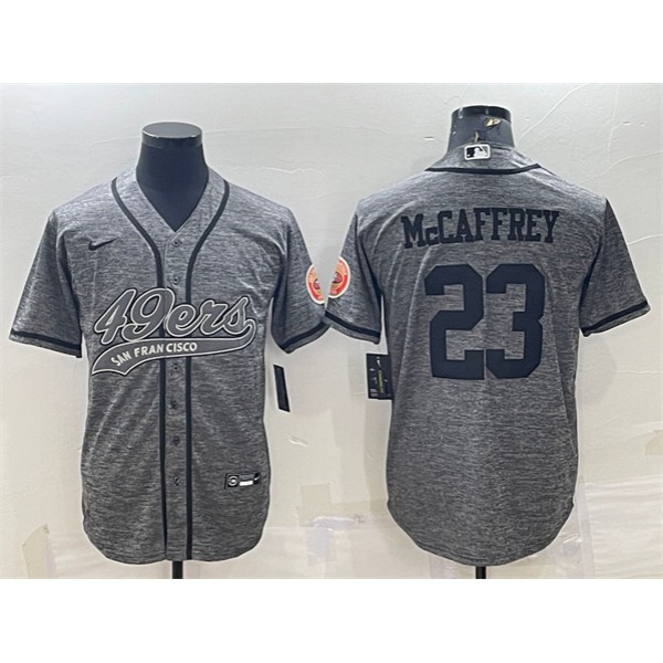 Men's San Francisco 49ers #23 Christian McCaffrey Gray With Patch Cool Base Stitched Baseball Jersey