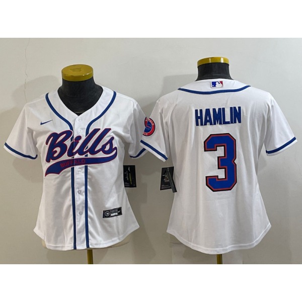 Women's Buffalo Bills #3 Damar Hamlin White With Patch Cool Base Stitched Baseball Jersey