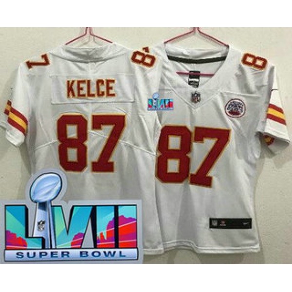 Women's Kansas City Chiefs #87 Travis Kelce Limited White Super Bowl LVII Vapor Jersey