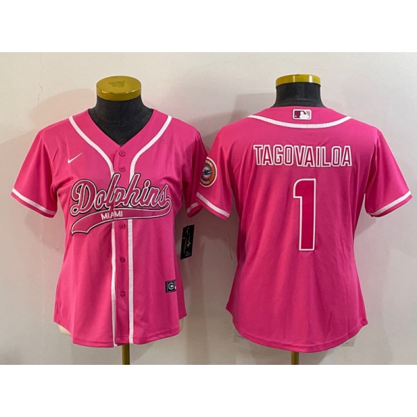 Women's Miami Dolphins #1 Tua Tagovailoa Pink With Patch Cool Base Stitched Baseball Jersey