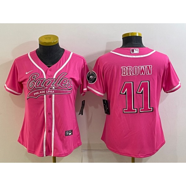 Women's Philadelphia Eagles #11 AJ Brown Pink With Patch Cool Base Stitched Baseball Jersey