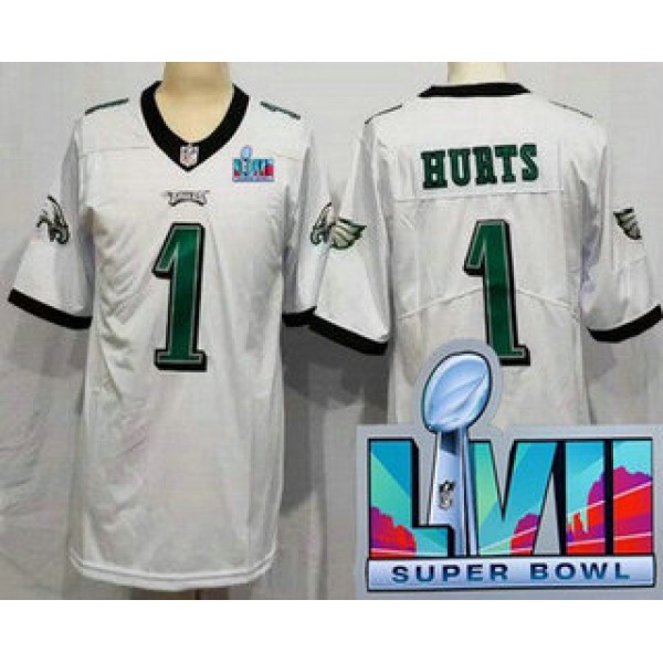 Women's Philadelphia Eagles #1 Jalen Hurts Limited White Super Bowl LVII Vapor Jersey