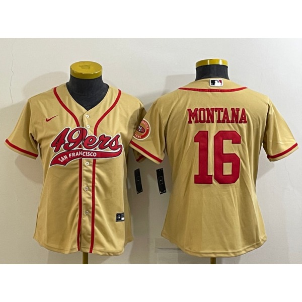 Women's San Francisco 49ers #16 Joe Montana Gold With Patch Cool Base Stitched Baseball Jersey