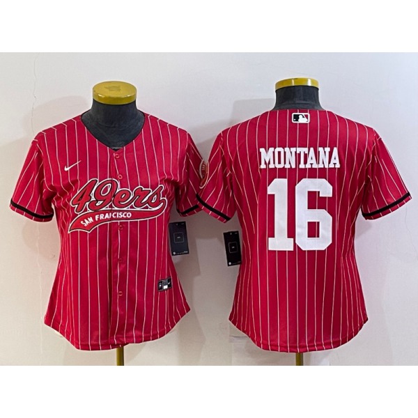 Women's San Francisco 49ers #16 Joe Montana Red Pinstripe With Patch Cool Base Stitched Baseball Jersey