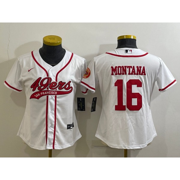 Women's San Francisco 49ers #16 Joe Montana White With Patch Cool Base Stitched Baseball Jersey