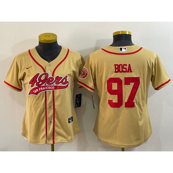 Women's San Francisco 49ers #97 Nick Bosa Gold With Patch Cool Base Stitched Baseball Jersey