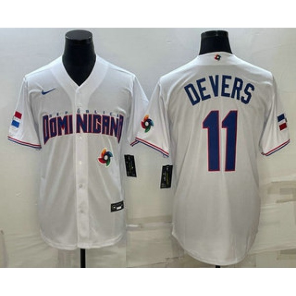 Men's Dominican Republic Baseball #11 Rafael Devers 2023 White World Baseball Classic Stitched Jersey
