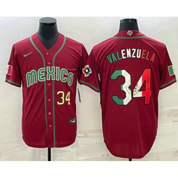 Men's Mexico Baseball #34 Fernando Valenzuela Number 2023 Red Blue World Baseball Classic Stitched Jerseys