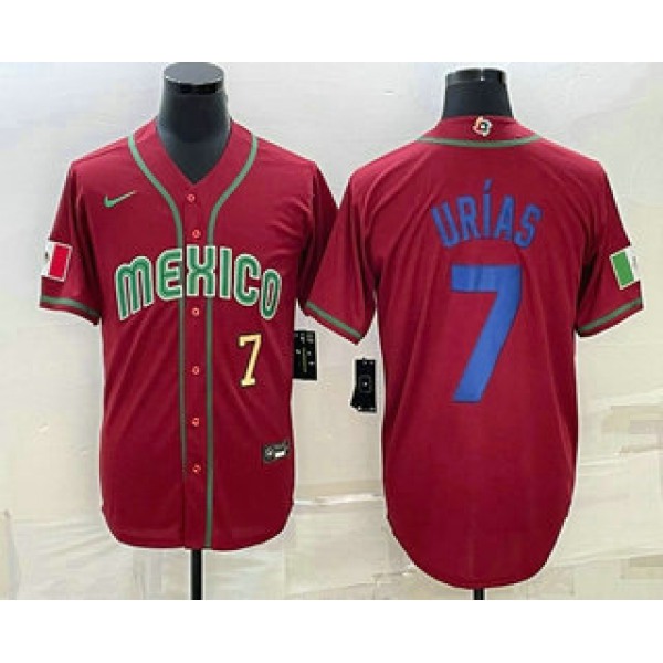 Men's Mexico Baseball #7 Julio Urias Number 2023 Red Blue World Baseball Classic Stitched Jerseys