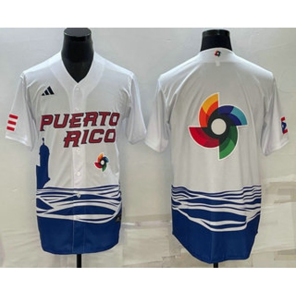 Men's Puerto Rico Baseball Big Logo White 2023 World Baseball Classic Stitched Jerseys