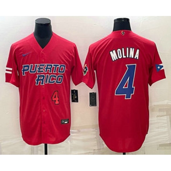 Men's Puerto Rico Baseball #4 Yadier Molina Number 2023 Red World Baseball Classic Stitched Jerseys
