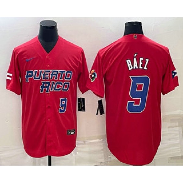 Men's Puerto Rico Baseball #9 Javier Baez Number 2023 Red World Baseball Classic Stitched Jersey