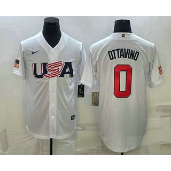 Men's USA Baseball #0 Adam Ottavino 2023 White World Baseball Classic Stitched Jerseys