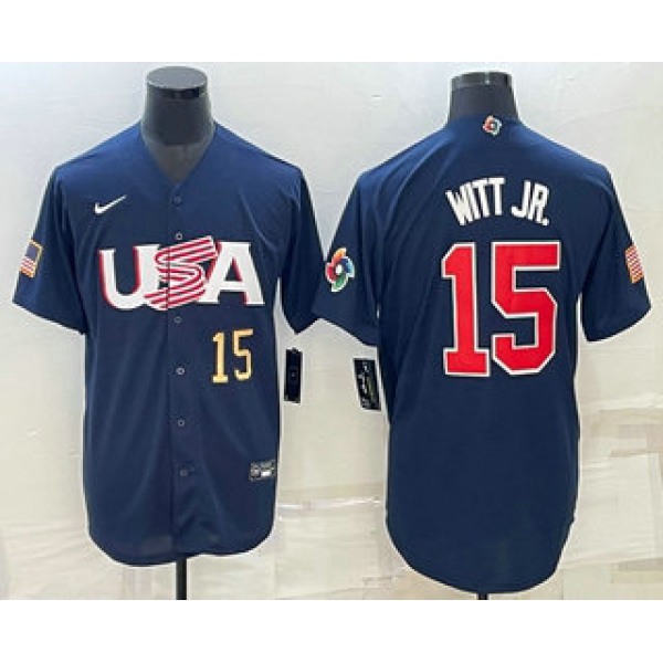 Men's USA Baseball #15 Bobby Witt Jr Number 2023 Navy World Baseball Classic Stitched Jersey