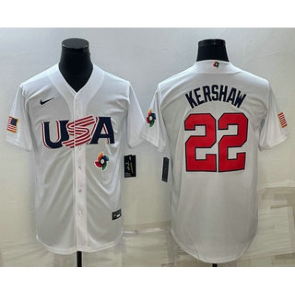Men's USA Baseball #22 Clayton Kershaw 2023 White World Baseball Classic Stitched Jersey