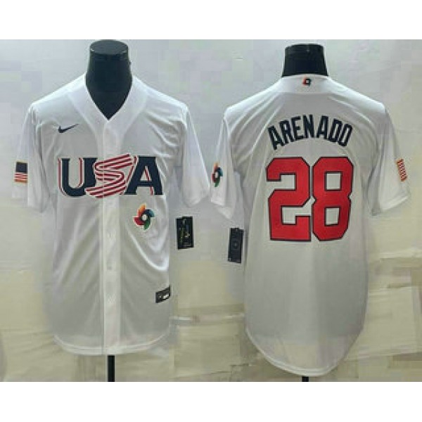 Men's USA Baseball #28 Nolan Arenado Number 2023 White World Baseball Classic Replica Stitched Jersey1