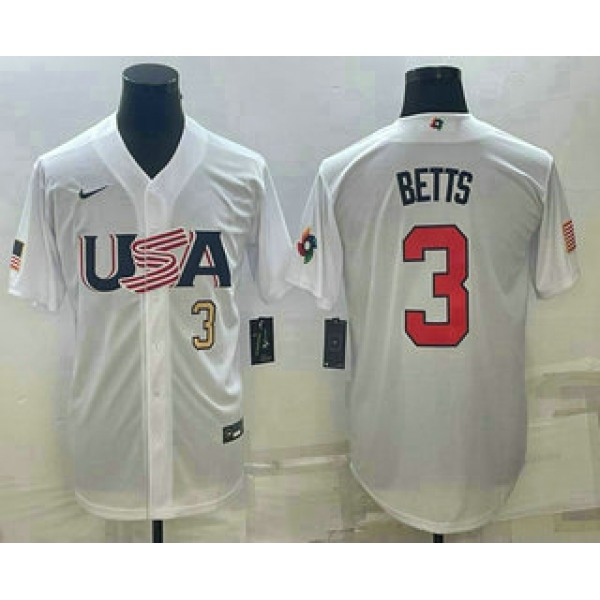 Men's USA Baseball #3 Mookie Betts Number 2023 White World Baseball Classic Replica Stitched Jersey