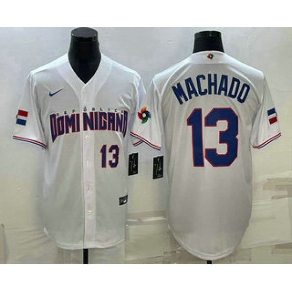 Mens Dominican Republic Baseball #13 Manny Machado Number 2023 White World Baseball Classic Stitched Jersey