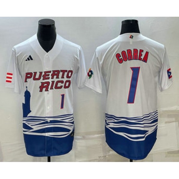 Mens Puerto Rico Baseball #1 Carlos Correa Number White 2023 World Baseball Classic Stitched Jersey