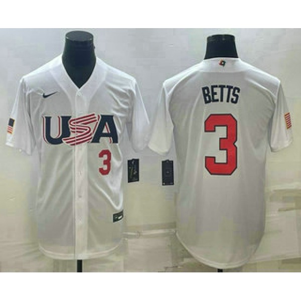 Mens USA Baseball #3 Mookie Betts Number 2023 White World Baseball Classic Replica Stitched Jersey