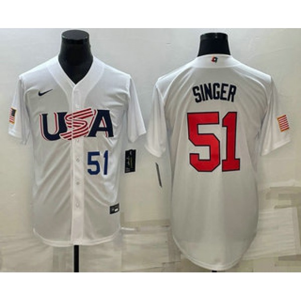 Mens USA Baseball #51 Brady Singer Number 2023 White World Baseball Classic Stitched Jersey