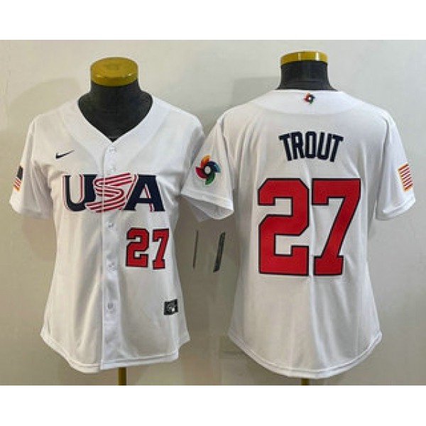 Womens USA Baseball #27 Mike Trout Number 2023 White World Classic Replica Stitched Jersey