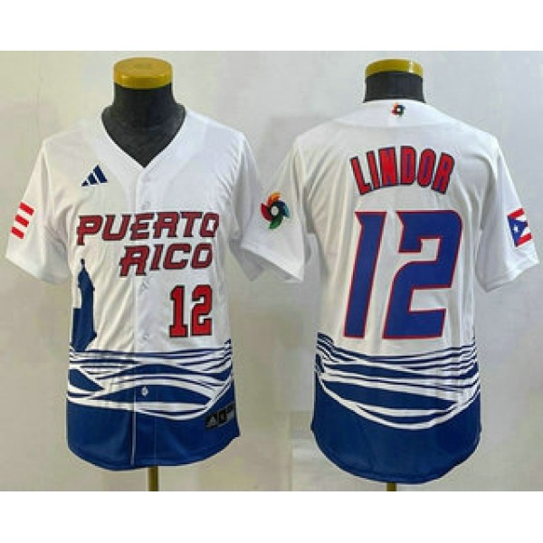 Youth Puerto Rico Baseball #12 Francisco Lindor Number 2023 White World Baseball Classic Stitched Jerseys