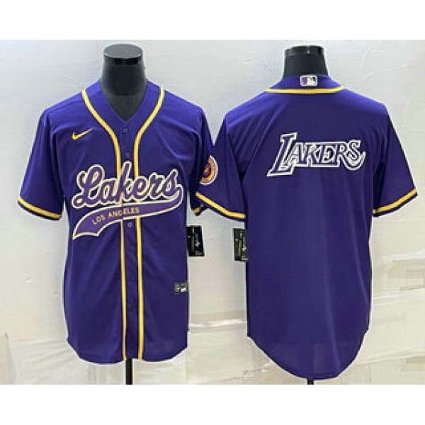 Men's Los Angeles Lakers Purple Big Logo Cool Base Stitched Baseball Jersey