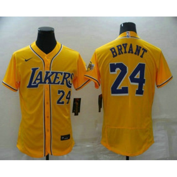 Men's Los Angeles Lakers #24 Kobe Bryant Number Yellow Cool Base Stitched Baseball Jersey