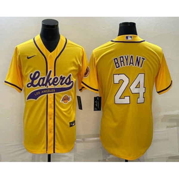 Men's Los Angeles Lakers #24 Kobe Bryant Yellow With Patch Cool Base Stitched Baseball Jerseys