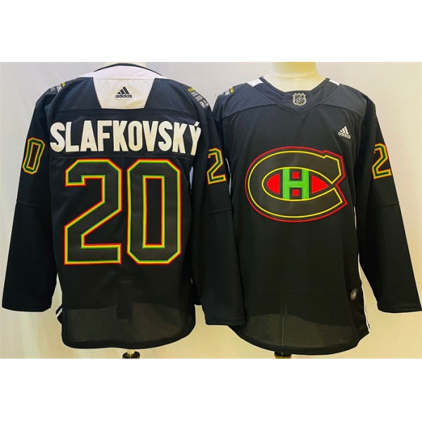 Men's Montreal Canadiens #20 Juraj Slafkovsky 2022 Black Warm Up History Night Stitched Jersey